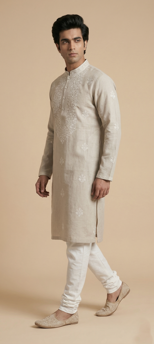 Beige Linen Thread Embroidered Kurta Set for Festive Wear