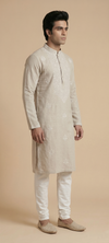 Beige Linen Thread Embroidered Kurta Set for Festive Wear