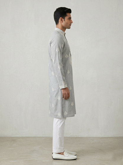 Mint Linen Thread Embroidered Kurta Set for Festive Wear