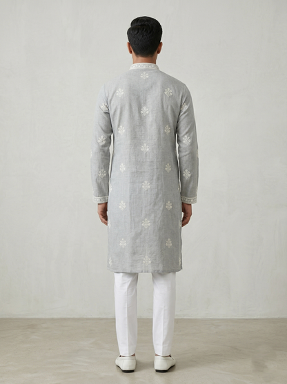 Mint Linen Thread Embroidered Kurta Set for Festive Wear