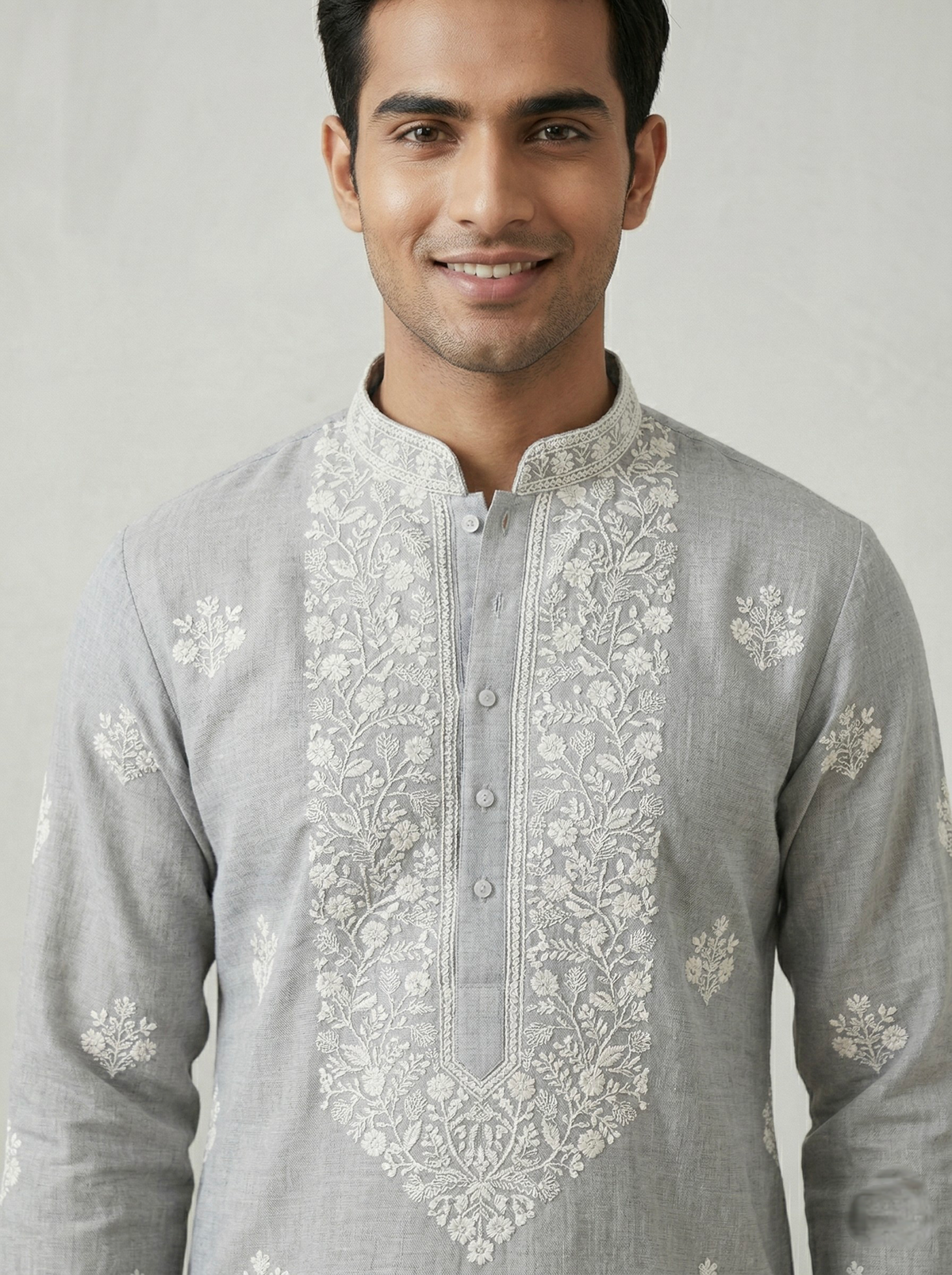 Mint Linen Thread Embroidered Kurta Set for Festive Wear