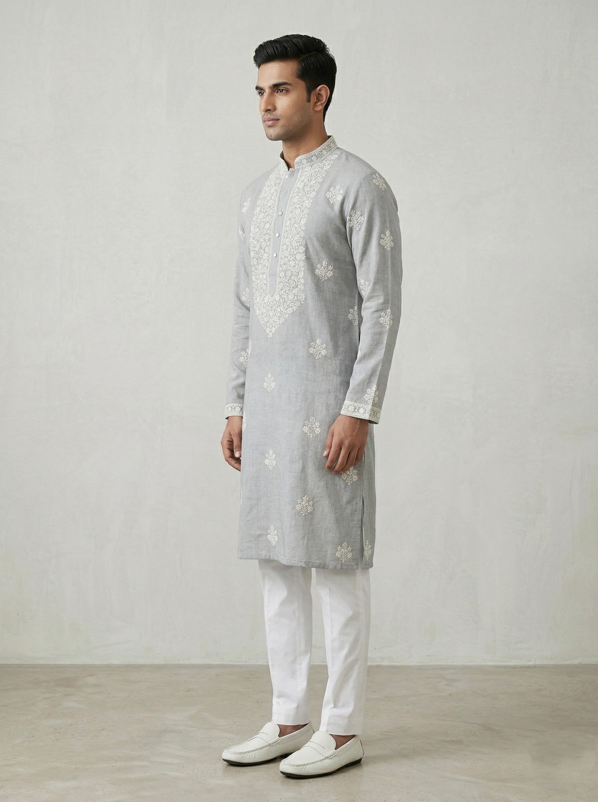 Mint Linen Thread Embroidered Kurta Set for Festive Wear