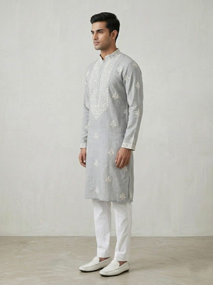 Mint Linen Thread Embroidered Kurta Set for Festive Wear