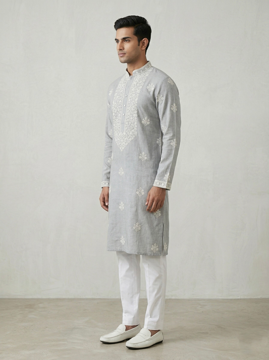 Mint Linen Thread Embroidered Kurta Set for Festive Wear