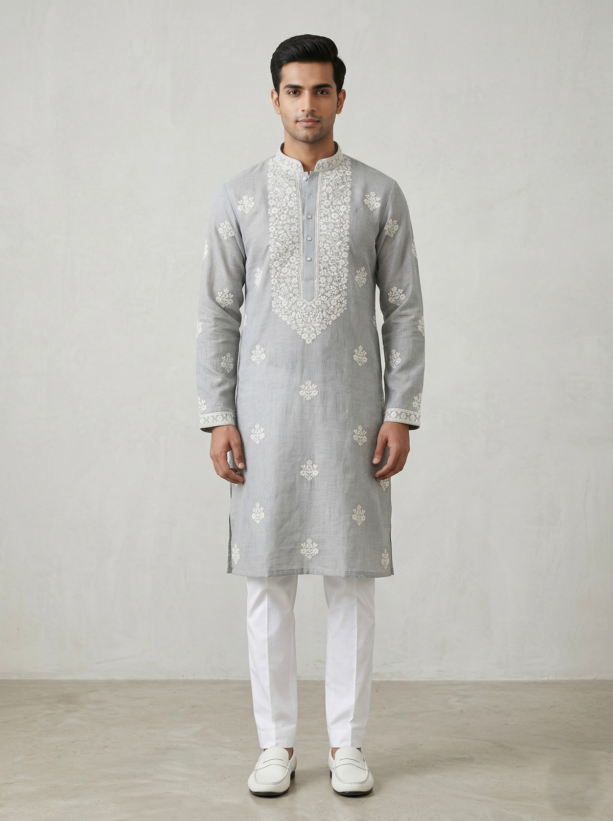Mint Linen Thread Embroidered Kurta Set for Festive Wear