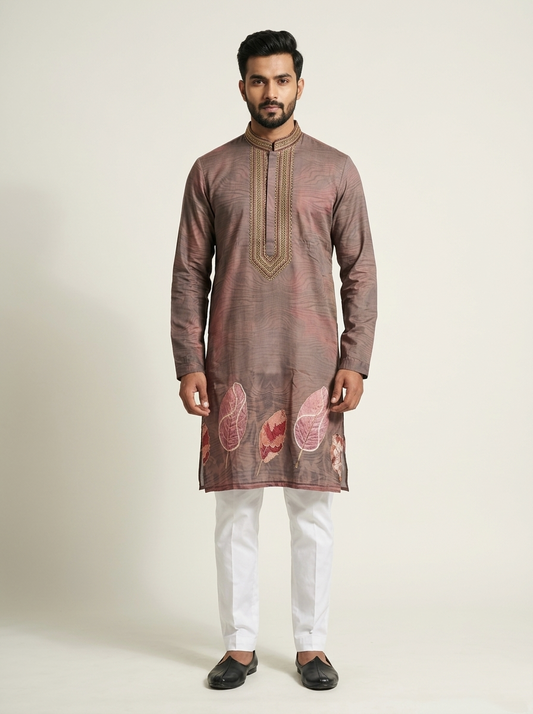 Brown Art Silk  Foil Printed Kurta Set Festive Wear