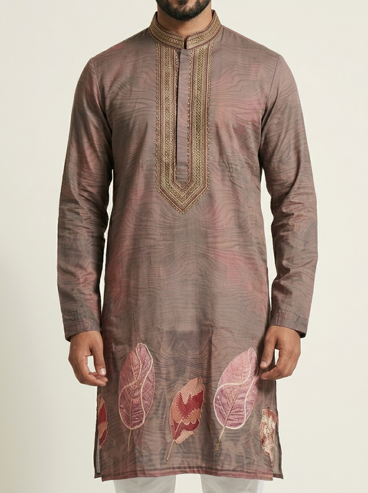 Brown Art Silk  Foil Printed Kurta Set Festive Wear