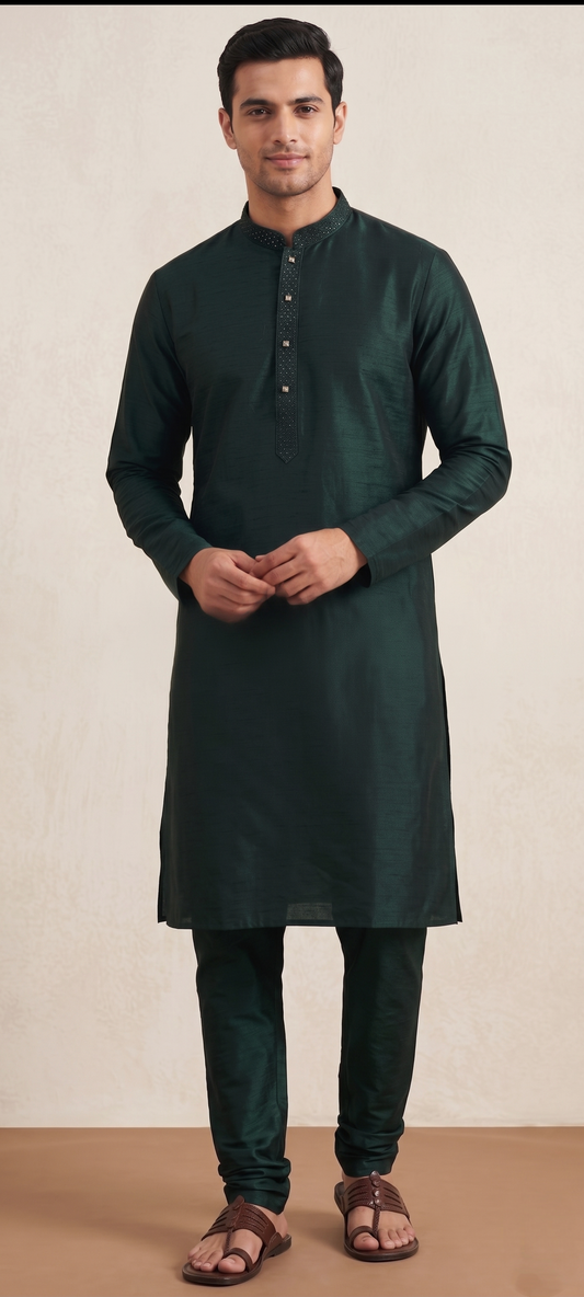 Bottle Green  Art Silk Plain Kurta Set Festive Wear