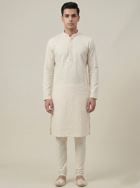 Cream Art Silk Jaquard Kurta Set Festive Wear