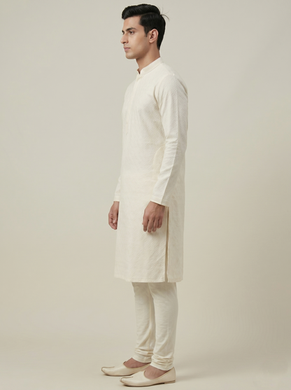 Cream Art Silk Jaquard Kurta Set Festive Wear
