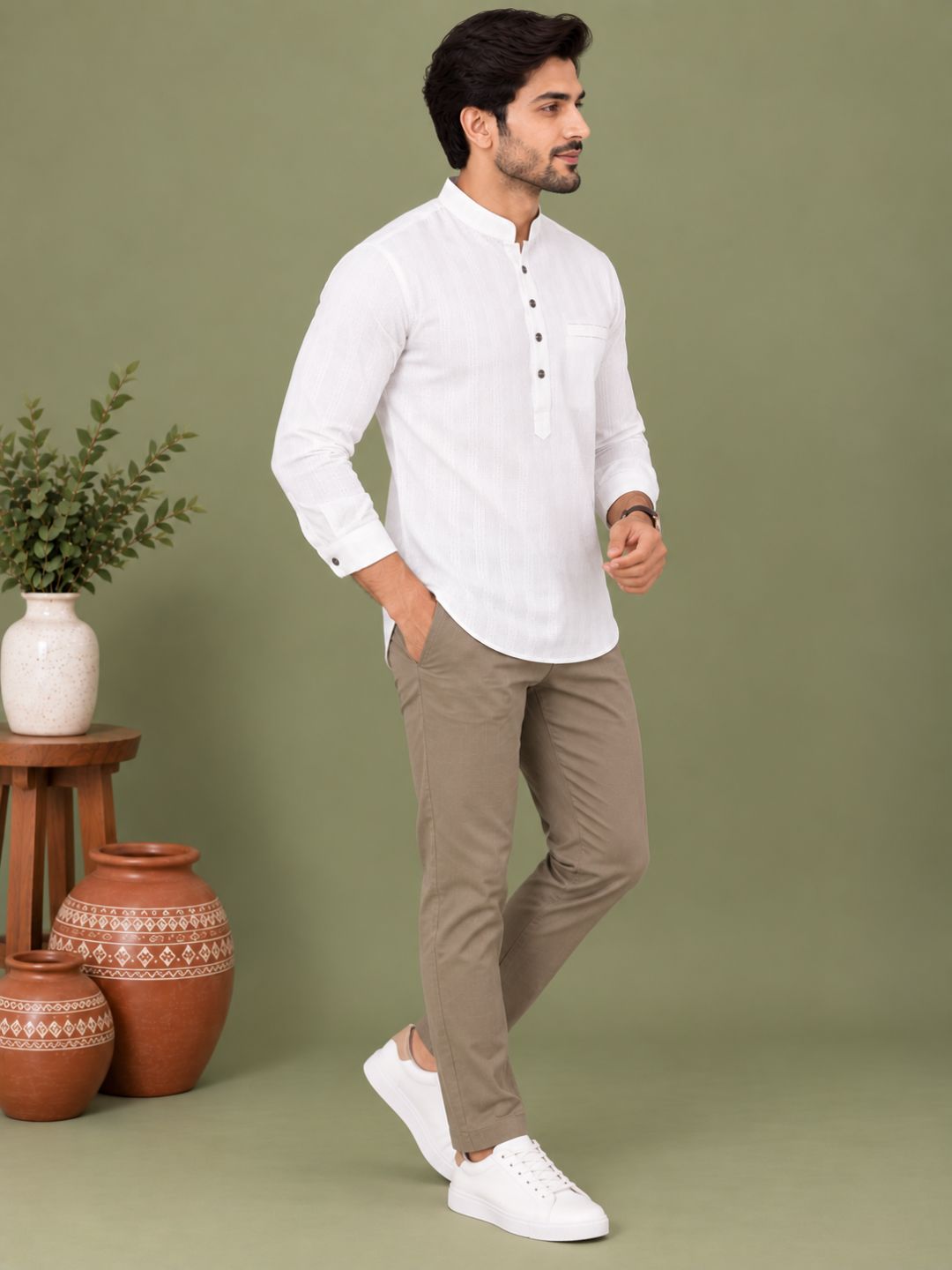White Plain Textured Short Kurta