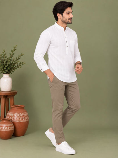 White Plain Textured Short Kurta