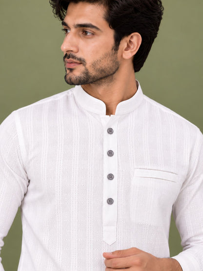 White Plain Textured Short Kurta