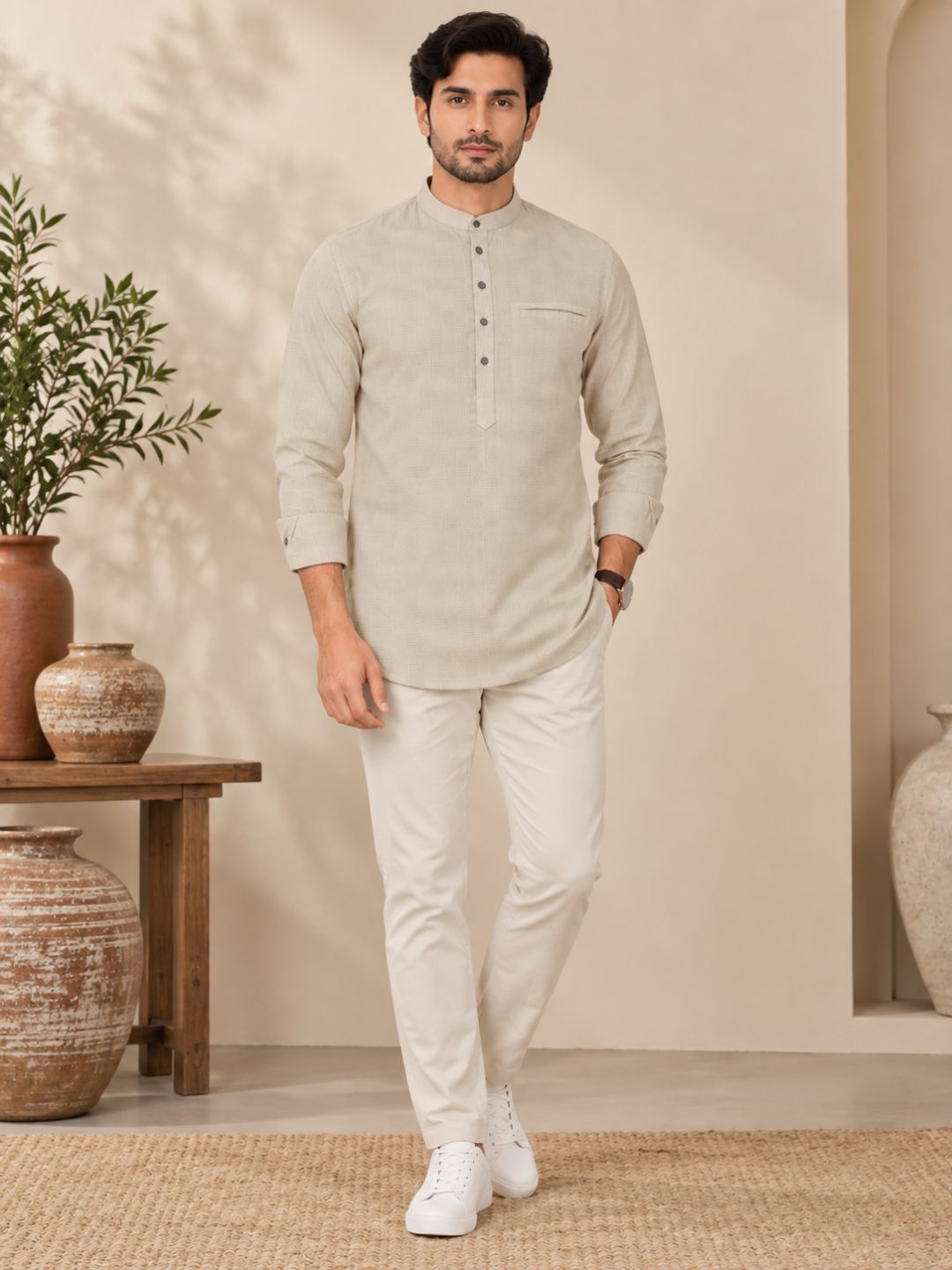 Cream Plain Textured Short Kurta