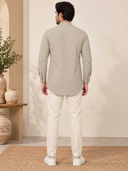 Cream Plain Textured Short Kurta
