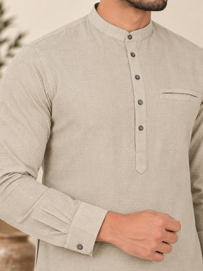 Cream Plain Textured Short Kurta