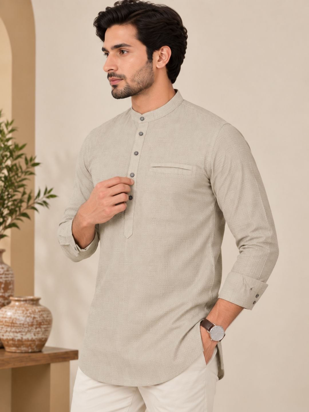 Cream Plain Textured Short Kurta