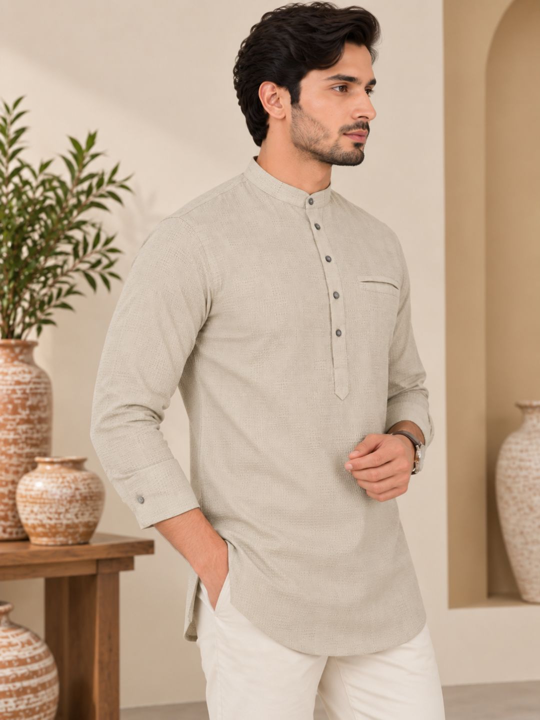 Cream Plain Textured Short Kurta