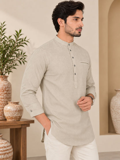 Cream Plain Textured Short Kurta