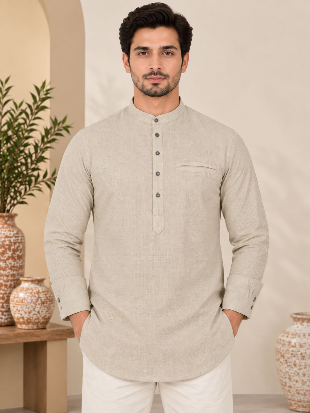 Cream Plain Textured Short Kurta