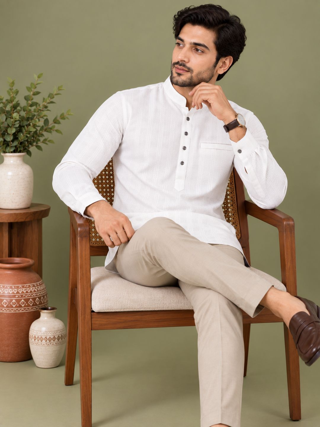 White Plain Textured Short Kurta