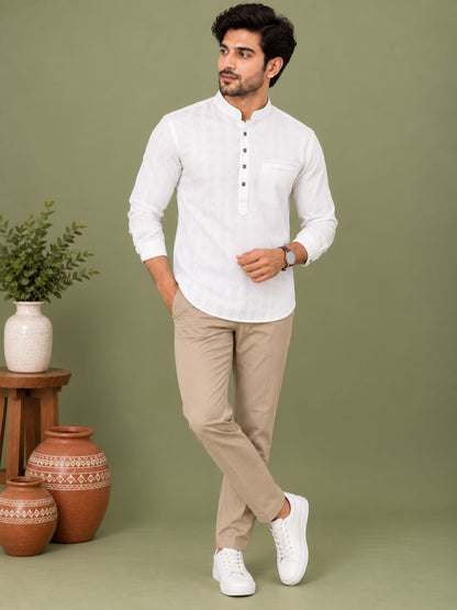 White Plain Textured Short Kurta