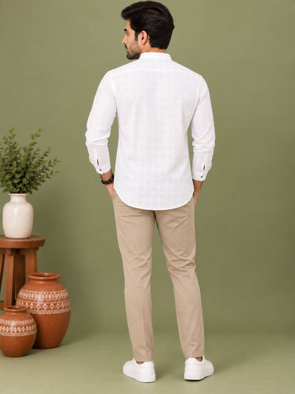 White Plain Textured Short Kurta