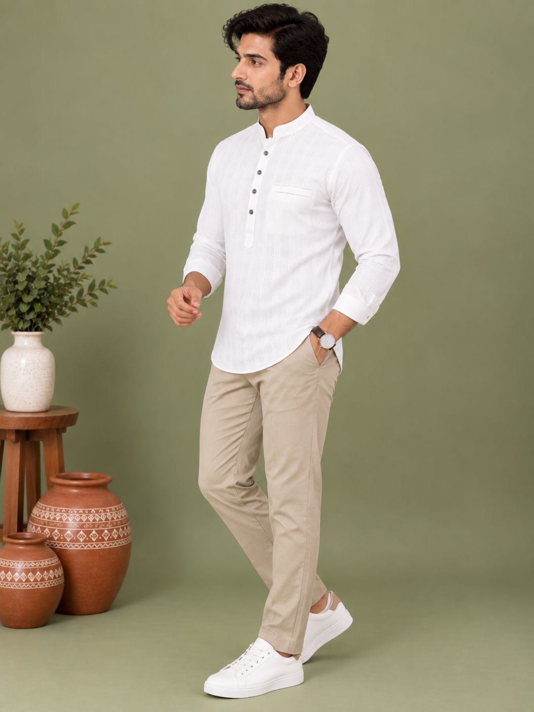 White Plain Textured Short Kurta