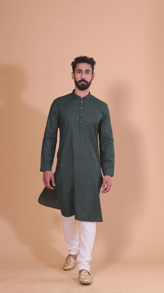 Bottle Green Pure Cotton Self Jaquard Kurta Pyjama