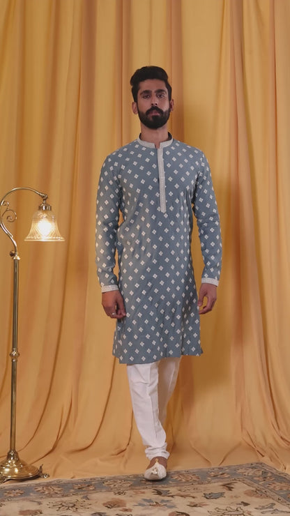 Air Force Blue Muslin Allover Embroidered Kurta Pyjama